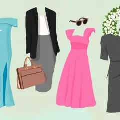 Ideas de vestidos: un vestido azul largo, un traje de chaqueta gris, un vestido rosa y un vestido negro junto a una corona de flores.