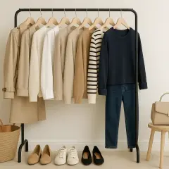 Un armario cápsula mujer con prendas neutras: gabardina, jerséis, camisa, vaqueros, zapatillas y bolsos.