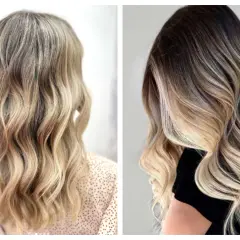 Mechas rubias y castañas se funden en ondas suaves, creando un efecto degradado natural y radiante.
