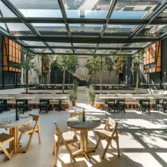 Terraza de restaurante con techo de cristal, mesas de madera y piedra, árboles y un ambiente de movimiento.