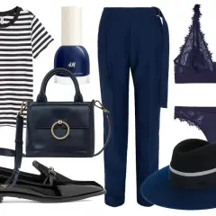 Conjunto elegante en azul marino y negro: camiseta a rayas, pantalón de vestir, bolso, zapatos, lencería y sombrero.