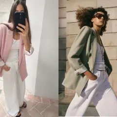 Dos modelos lucen blazers y pantalones blancos, un look casual perfecto para cualquier ocasión.