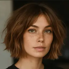 Mujer con pecas y un corte de pelo estilo "italian bob" despeinado, con tonos castaños.