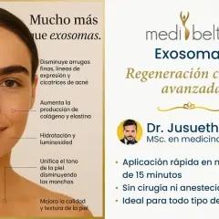 Un rostro femenino luce radiante, destacando los beneficios del **exosomas tratamiento facial**: reduce arrugas, mejora colágeno, hidrata y unifica el tono.