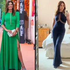 Mariló Montero luce un vestido verde con abertura y un mono azul, mostrando su elegancia en dos momentos distintos.