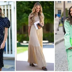 Tres mujeres lucen elegantes. La primera, un vestido de lunares. La segunda, un conjunto beige. La tercera, un traje verde menta. Inspiración para un outfit bautizo.
