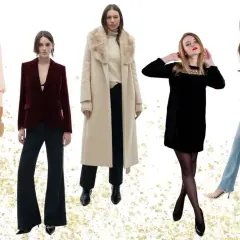 Cinco mujeres lucen elegantes atuendos para Navidad: pantalones palazzo, blazer de terciopelo, abrigo largo, vestido negro y chaqueta de lentejuelas.