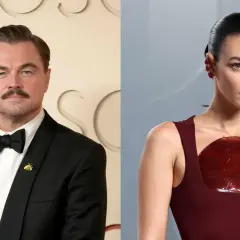 Leonardo DiCaprio con esmoquin y su posible novia, Vittoria Ceretti, con un vestido burdeos y pendientes llamativos.