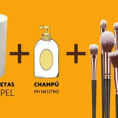 Rutina para limpiar brochas de maquillaje: servilletas de papel + champú pH neutro + brochas.