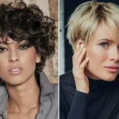 Dos mujeres con melena corta. Una con pelo rizado oscuro y la otra con pelo rubio liso. Estilos modernos para mujeres de 50 años.