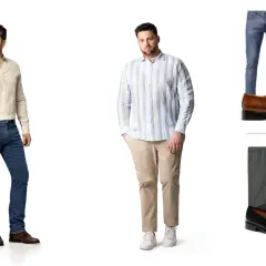 Dos hombres con atuendos business casual. Uno con camisa beige y jeans, el otro con camisa a rayas y pantalones caqui.