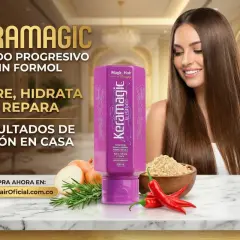Mujer con cabello liso y brillante, producto Keramagic alisado keratina. Nutre, hidrata y repara para resultados de salón en casa.