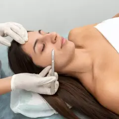 Profesional realiza dermaplaning facial a una mujer acostada, usando un bisturí para exfoliar suavemente su piel.