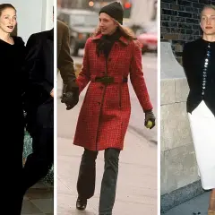 Carolyn Bessette-Kennedy luce elegante en tres atuendos: uno negro, uno rojo y otro blanco y negro.