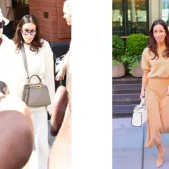 Inés de Ramón, con un conjunto beige, camina sonriente mientras Brad Pitt, con un llamativo traje amarillo, desciende escaleras.
