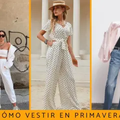 Tres looks para outfits primavera: blanco total deportivo, mono de lunares y blazer rosa con jeans.