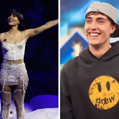 Aitana canta en el escenario con un traje blanco y su novio, Sebastián Yatra, sonríe con una gorra gris.