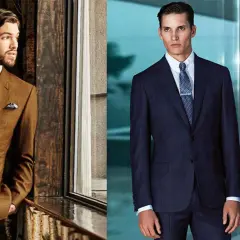 Tres hombres con trajes elegantes, perfectos para un dress code cocktail hombre. Uno luce un traje marrón con corbata a rayas, los otros dos, trajes azul marino.