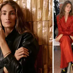 Almudena Cañedo, elegante en traje rojo, y un hombre con sombrero y traje negro, sentados en un evento.