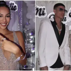 Alana, la hija del jeque, luce deslumbrante con joyas y un vestido brillante. A su lado, un hombre elegante con traje blanco.