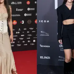 Amaia Romero luce dos looks: uno beige con corsé y falda satinada, y otro negro con blazer cropped y minifalda.