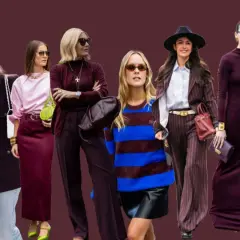 Modelos lucen atuendos elegantes en tonos **color burdeos**, desde trajes de raya diplomática hasta vestidos largos y faldas.