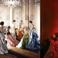 Cecil Beaton captura la elegancia de mujeres con vestidos de gala en un salón y un retrato en rojo vibrante.