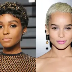 Dos mujeres con corte pixie: una con tocado dorado y otra con pendientes de bola dorada.