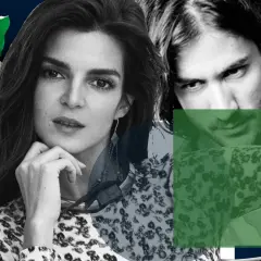Clara Lago y su pareja, en un montaje artístico con detalles verdes y joyas.