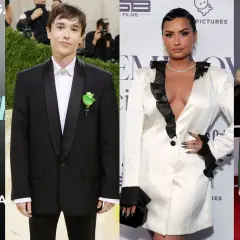 Cuatro famosos no binarios: una persona con un top verde y pantalones azules, Elliot Page con esmoquin, Demi Lovato con un traje blanco y Sam Smith con traje verde.