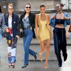 Bella Hadid luce varios atuendos, desde un traje a rayas hasta shorts vaqueros y botas.