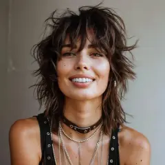 Mujer con un moderno corte mullet, flequillo desordenado y sonrisa radiante.