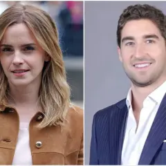 Emma Watson y su pareja, Brandon Green, sonríen en esta imagen dividida.