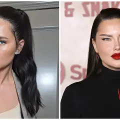 Adriana Lima, icónica modelo, luce radiante en dos estilos: uno con coleta alta y blazer, y otro con labios rojos intensos y pendientes de rubí, evocando su estilo de los 2000.