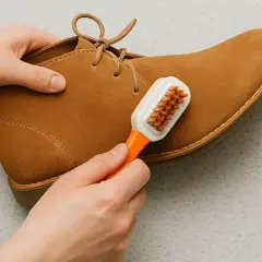 Manos cepillando un zapato de ante marrón. Guía para como limpiar zapatos de ante y mantenerlos como nuevos.