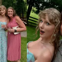 Taylor Swift y su pareja, Travis Kelce, sonríen en una boda. Ella lleva un vestido floral azul y él una camisa a cuadros.