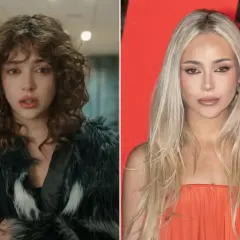 Ana Mena con pelo rizado y abrigo de pelo, y Ana Mena con pelo liso y vestido naranja.