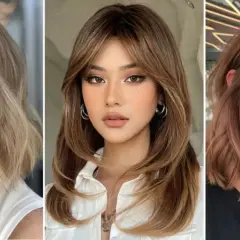Tres estilos de cortes de pelo para cara ovalada: bob con flequillo, melena escalada y lob ondulado.