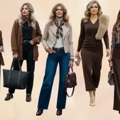 Cinco mujeres lucen atuendos elegantes donde el marrón y negro combinan a la perfección.