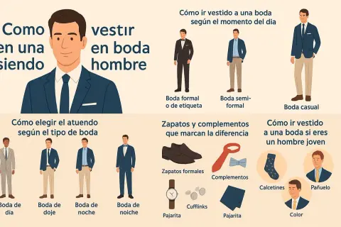 Guía de outfit boda hombre: cómo vestir según el tipo de evento, hora y estilo. Incluye trajes, zapatos y complementos.