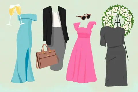 Ideas de vestidos: un vestido azul largo, un traje de chaqueta gris, un vestido rosa y un vestido negro junto a una corona de flores.