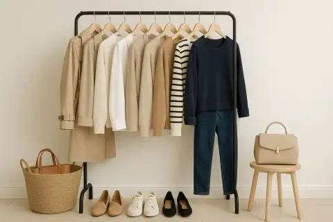 Un armario cápsula mujer con prendas neutras: gabardina, jerséis, camisa, vaqueros, zapatillas y bolsos.