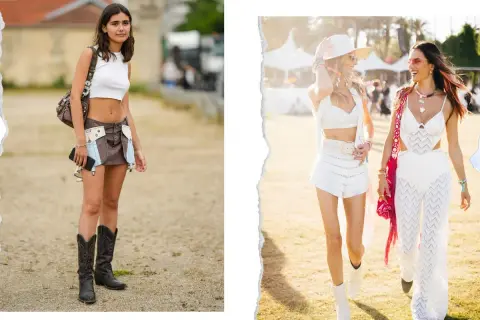 Chicas disfrutan del look festival verano con botas vaqueras y atuendos blancos.