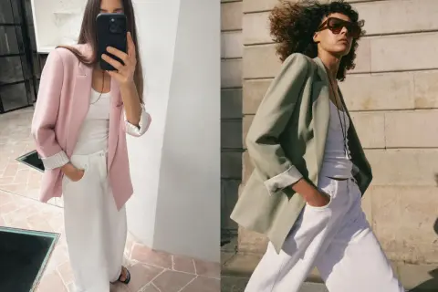 Dos modelos lucen blazers y pantalones blancos, un look casual perfecto para cualquier ocasión.