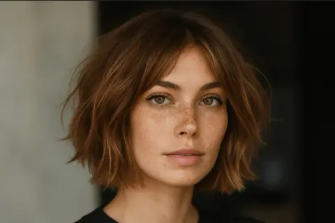 Mujer con pecas y un corte de pelo estilo "italian bob" despeinado, con tonos castaños.