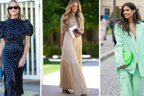 Tres mujeres lucen elegantes. La primera, un vestido de lunares. La segunda, un conjunto beige. La tercera, un traje verde menta. Inspiración para un outfit bautizo.