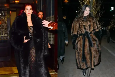 Dua Lipa y Kendall Jenner, con abrigos de pelo que evocan a una mob wife, salen de un evento.