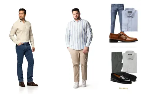 Dos hombres con atuendos business casual. Uno con camisa beige y jeans, el otro con camisa a rayas y pantalones caqui.