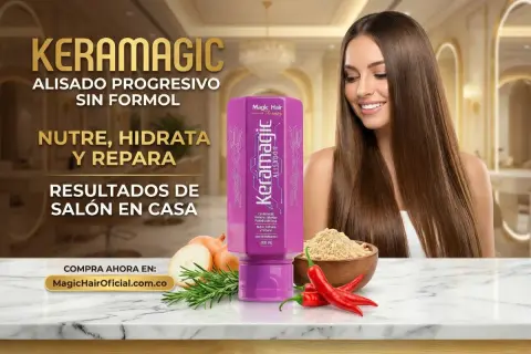 Mujer con cabello liso y brillante, producto Keramagic alisado keratina. Nutre, hidrata y repara para resultados de salón en casa.