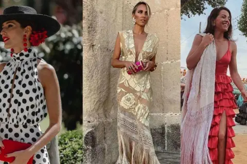 Tres mujeres con vestidos elegantes, listas para ir a la feria sin traje de flamenca.